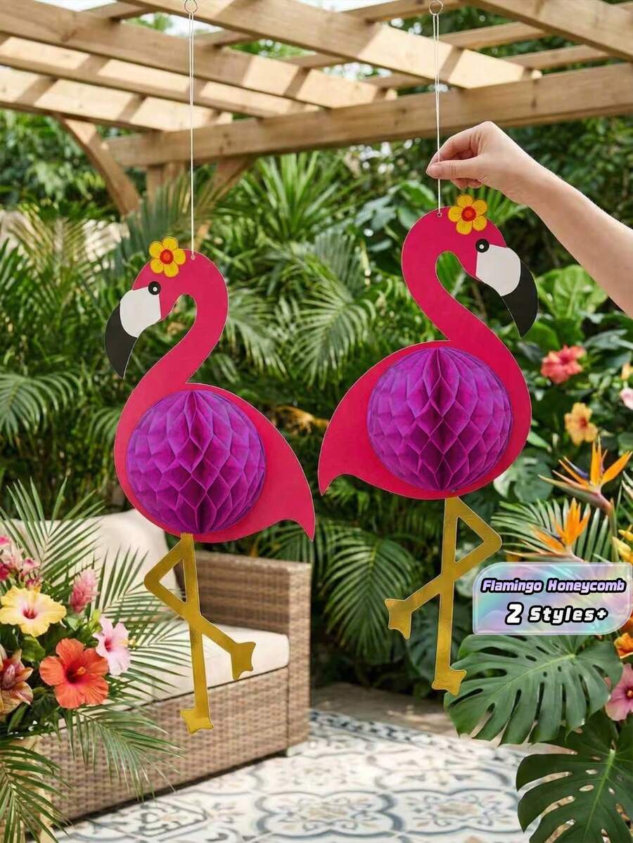 1/4 PCS 21Inch Large Honeycomb Paper 3D Hanging Pink Flamingo Honeycomb Ball Decorations Tropical Summer Beach Party Birthday Hawaiian Garland Popular Party Supplies Gift