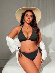 Swim Lushoire Plus Size Women's Solid Color Halter Tie Sexy Bikini Set For Beach Summer Beach - Navy Blue - View 3