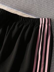 SHEIN 青少年女孩休閒都市戶外春秋針織直筒運動長褲 - 黑色 - 查看 4