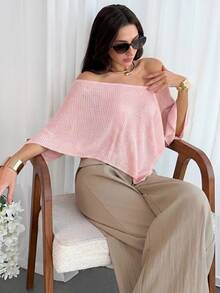 Aloruh Khăn choàng phong cách Bohemian thanh lịch cho nữ đi du lịch, áo len dệt kim rộng trễ vai che ngoài với gấu áo bất đối xứng, nhẹ, chống nắng - Màu Hồng baby - Xem 6