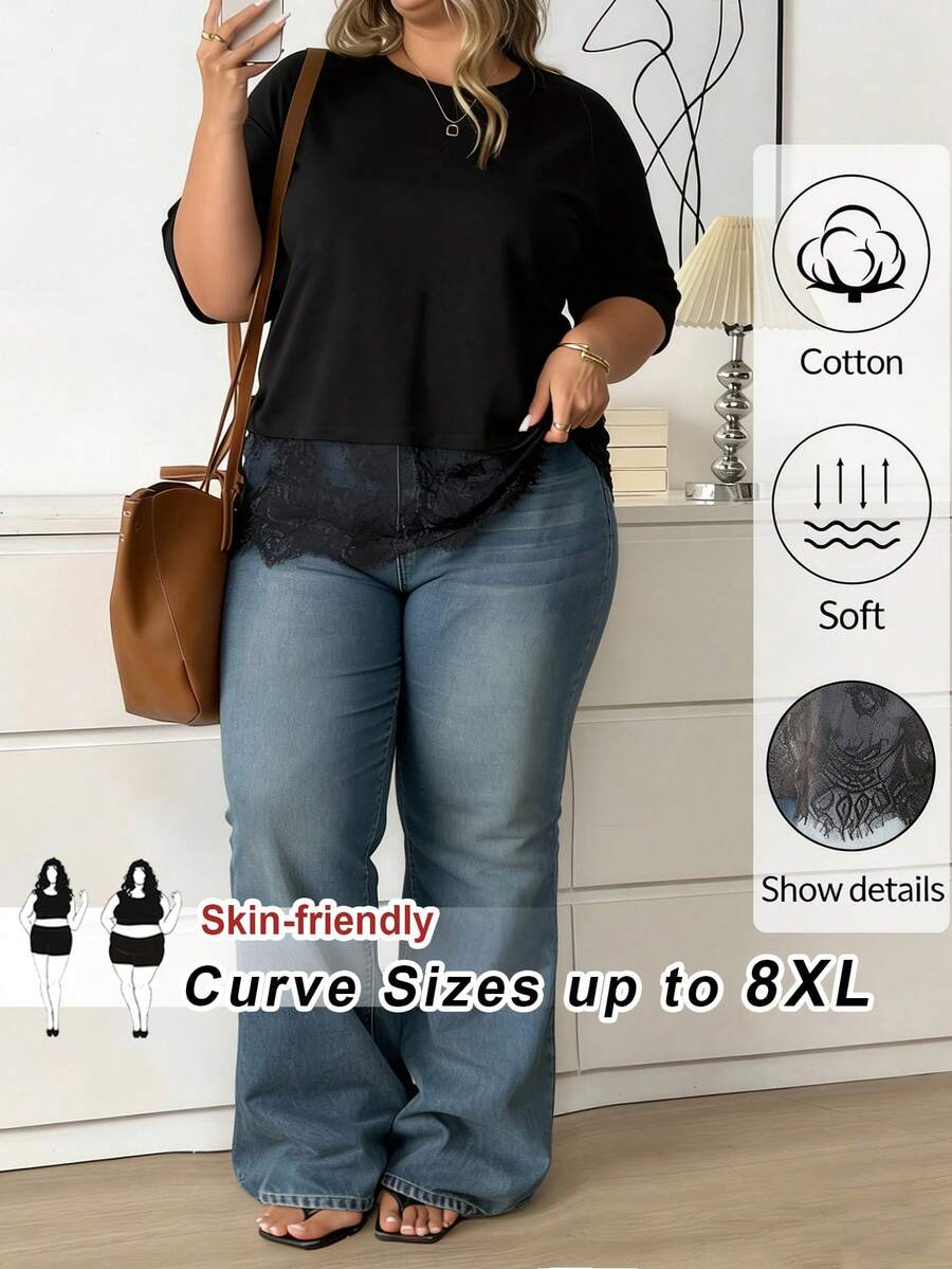 SHEIN CURVE+ 大码女式黑色棉混纺T恤，优雅蕾丝下摆，短袖圆领休闲上衣；舒适黑色棉质T恤，蕾丝饰边；时尚女式短袖圆领上衣；别致黑色蕾丝下摆棉混纺上衣；休闲修身短袖日常上衣；情人节蕾丝饰边上衣；棉质上衣；休闲上衣；春季女装；夏季女装；新年派对上衣；黑色上衣