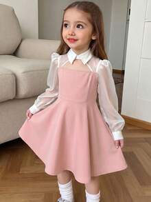 Young Girl Casual Minimalist Comfortable Collared Hollow-Out Color Block Patchwork Dress - Pink - View 1