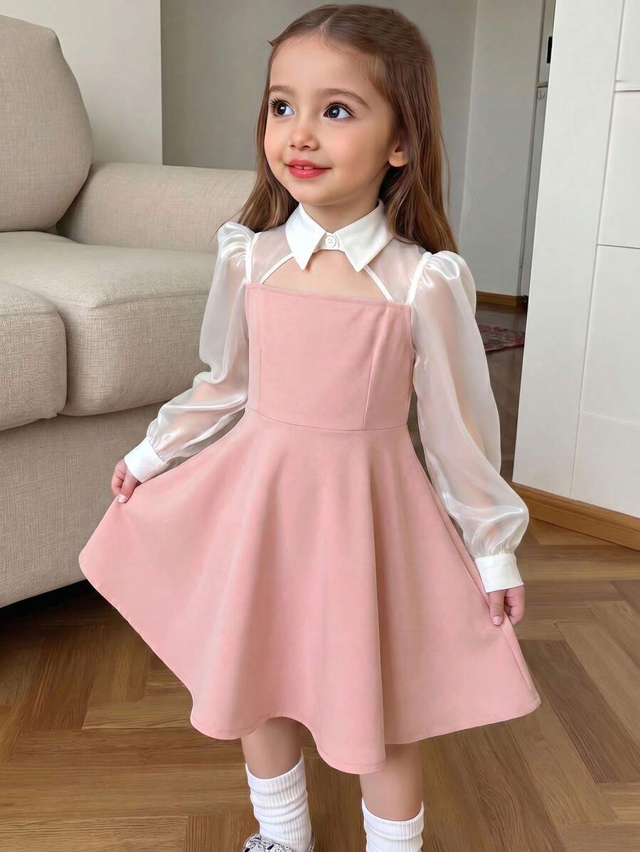 Young Girl Casual Minimalist Comfortable Collared Hollow-Out Color Block Patchwork Dress - Pink - View 1