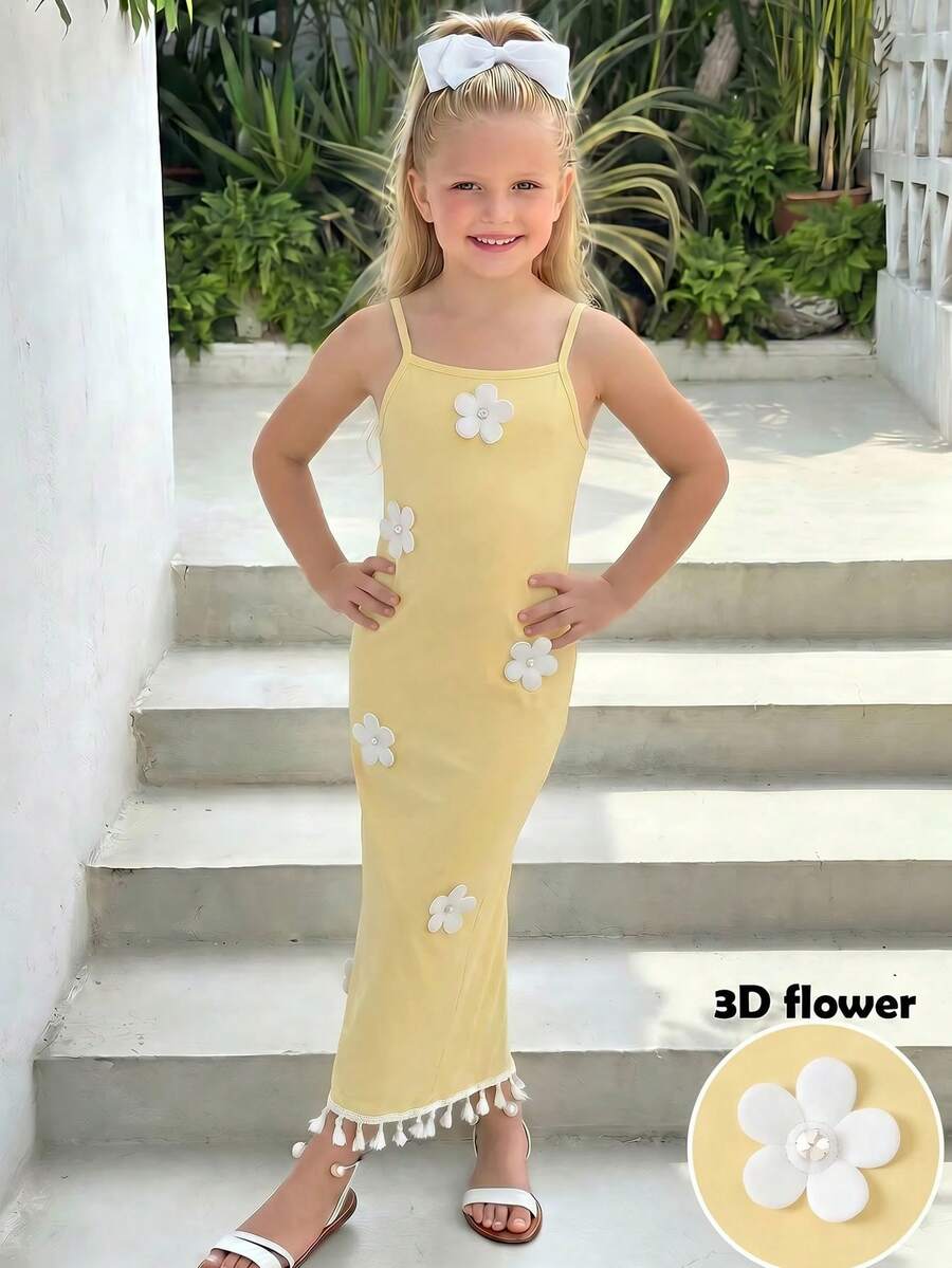 Emery Rose Kids Emery Rose Kids 年轻女孩/年轻女孩优雅印花露背修身度假连衣裙,吊带蝴蝶结喇叭裙摆设计,休闲日常街头服饰 - 黃色 - 查看 1