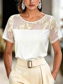 SHEIN Clasi Plus Size Floral Embroidered Mesh Satin Short Sleeve Blouse,Brown,Summer,Elegant,Wedding Guest,Holiday Lace Patchwork Sheer Shirt For Plus Size Women - White - View 10