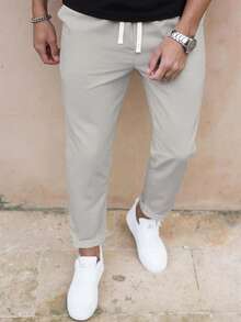 Manfinity Homme Men's Solid Color Casual Slim-Fit Straight Pants, Fall - Light Grey - View 4