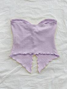 SHEIN PETITE 女款鵝黃色針織紋理抹胸上衣，前中打結開衩波浪邊修身款，適合下午茶、街頭、度假、秋冬穿著，可內搭或外穿，派對適用，適合嬌小女性 - 淡紫色 - 查看 9