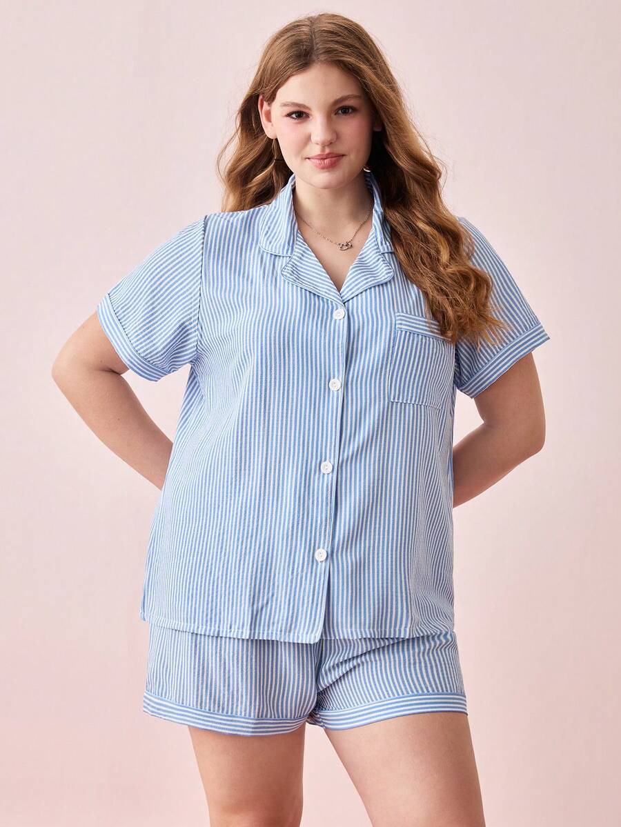 Bonmuse 2 件大码女式舒适蓝白条纹印花短袖 Polo 领上衣和蝴蝶结短裤睡衣套装,夏季家居服 - 藍白色 - 查看 1