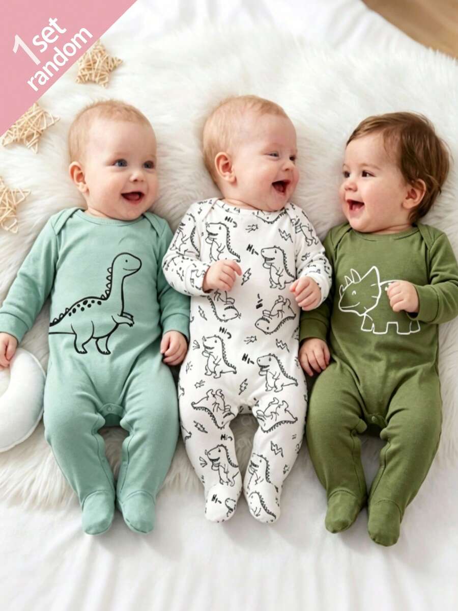 [1 Set Randomly Sent]Newborn Baby Home Jumpsuit, Soft Cute Dinosaur Cartoon Print, Spring/Autumn Long Sleeve Footed Dinosaur Combination Pattern Soft Pajamas, Snap Button Design, Skin-Friendly Soft, Home Leisure, Daily Outings And Play - Multicolor - View 1