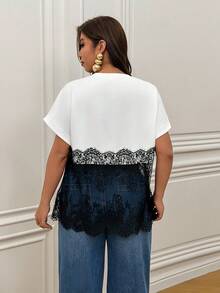 Femmeverse Plus Size Women's Spring/Summer Fashion Loose Elegant Casual Lace Patchwork Color Block Short Sleeve T-Shirt Date Night White - Black and White - View 2