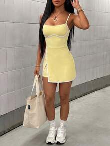 StreetHx Vestido deportivo para mujer con bloqueo de color, tiras divididas y ribete - Amarillo - Ver 1