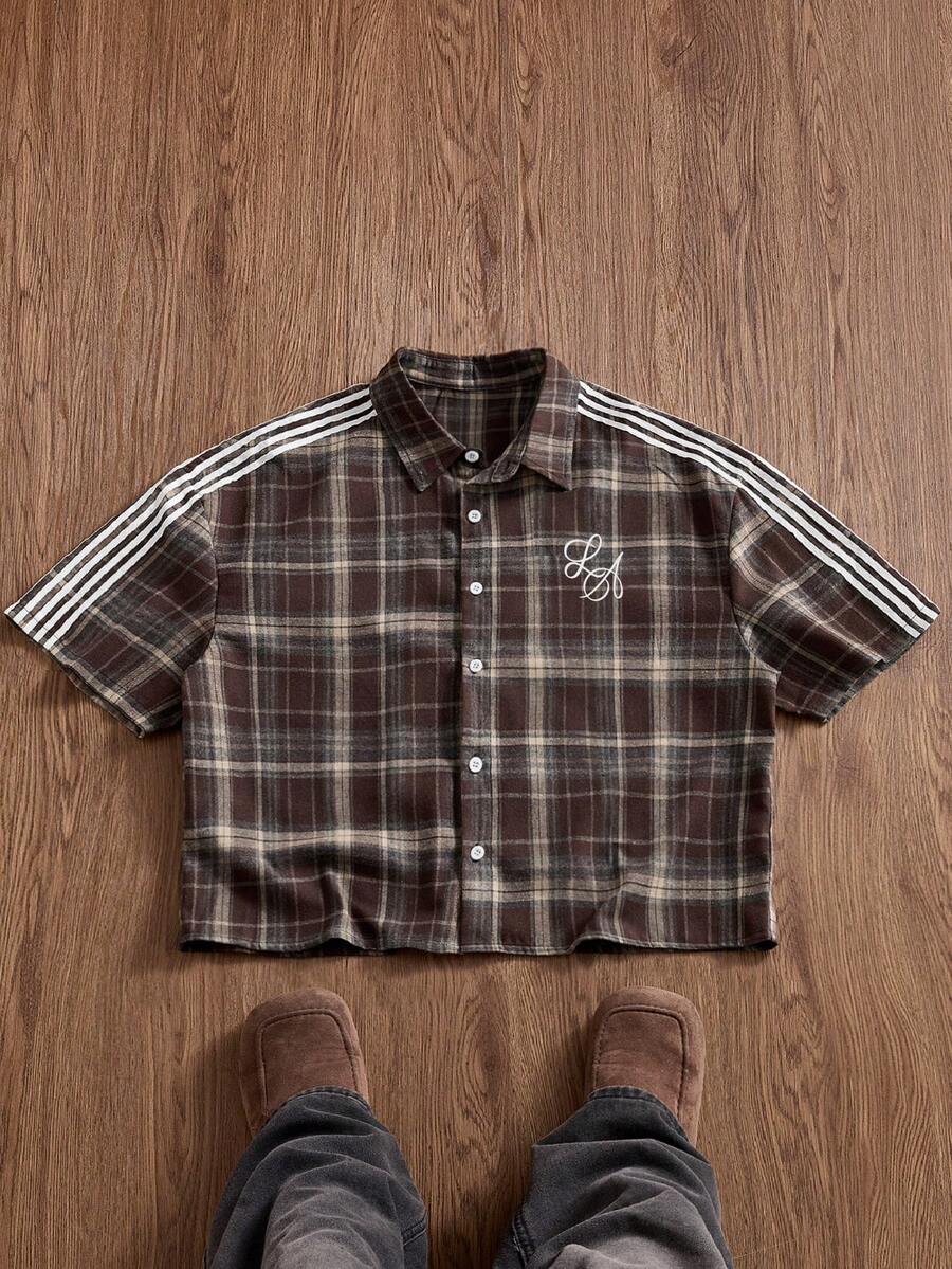 SWAVVY Áo sơ mi nam cổ polo cài đơn họa tiết kẻ caro nâu in đồ họa thời trang - màu nâu - Xem 1
