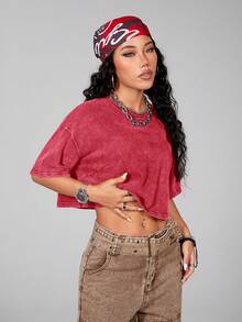 Comfortcana Women's Summer Heavyweight Basic Short Sleeve T-Shirt, Made Of Pure Cotton Fabric With Washing Technique, Red Color,Red Top - Red - View 4