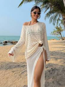 DAZY Women's Hollow Out Knit Drop Shoulder Cover Up Summer Sheer Vacation Beach - Apricot - View 12
