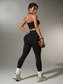 SHEIN Sports 女式纯色短款露背背心和高腰紧身裤运动套装 - 黑色 - 查看 2