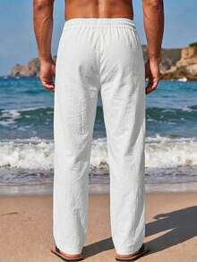 VIVINTIMO Pantalones de playa casuales para hombre con textura, cintura con cordón y bolsillos, para vacaciones - Blanco - Ver 2