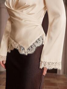 Graceveil Women's Round Neck Solid Color Lace Patchwork Slim Fit Elegant Blouse - Apricot - View 5