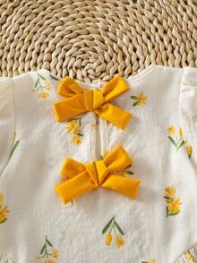 SHEIN 1pc Baby Kid Girl Cute Chic Boho Floral Soft Thin Mini Bow Back Puff A-Line Sun Dress Gown Set Wear Party Bday Trip Gift Day Cool Spr Sum Fall New Fun - Yellow - View 5