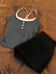 Resyla Women's Spring/Summer Striped Camisole Top And Solid Color Shorts 2-Piece Set - Black - View 5