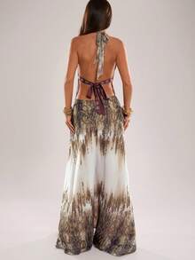 SHEIN BAE Spring/Summer Women's Casual Vacation Halter Neck Backless Animal Print Gradient A-Line Sexy Vacation Dress, Suitable For Beach Vacation, Beach Holiday, Casual Vacation, Sisters Casual Outing, Leopard Print Dress, Sexy Leopard Print Dress, Shiny Leopard Print Dress, Music Festival - Brown - View 2