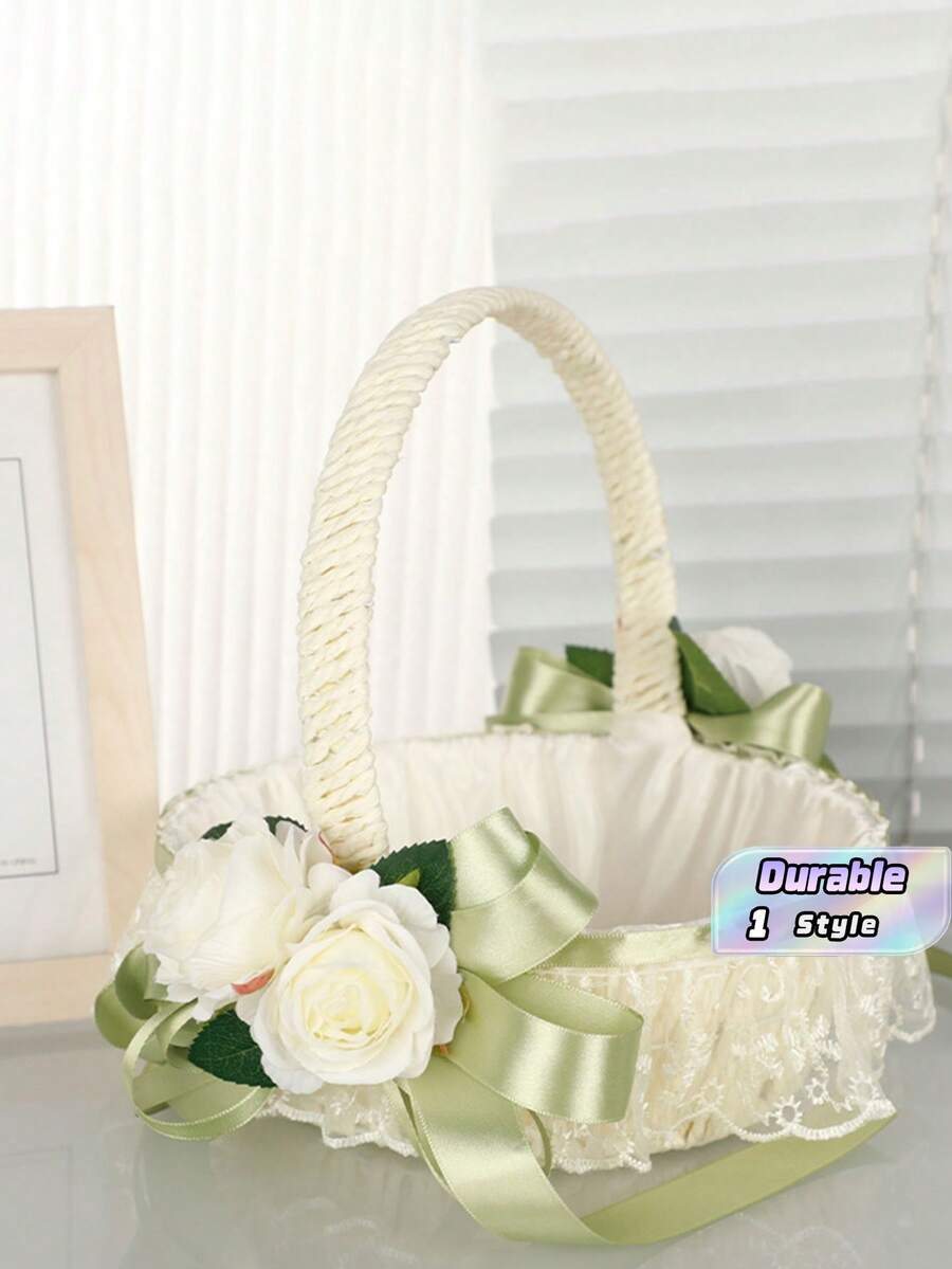婚礼花童白色手持花篮,缎带蝴蝶结仙女花篮,大型婚礼花篮,适合花童 - 1PC - 查看 1