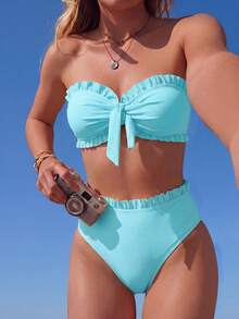 Swim Mod Women's Summer Beach Solid Color Ruffle Trim Bandeau Bikini Set With Front Knot, Two Pieces Swimwear Black Bathing Suits - Mint Green - View 1