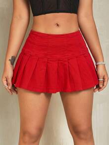 SHEIN SXY 女款素色優雅百褶牛仔迷你裙 性感街頭風 - 紅色 - 查看 4