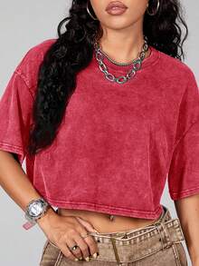 Comfortcana Women's Summer Heavyweight Basic Short Sleeve T-Shirt, Made Of Pure Cotton Fabric With Washing Technique, Red Color,Red Top - Red - View 9