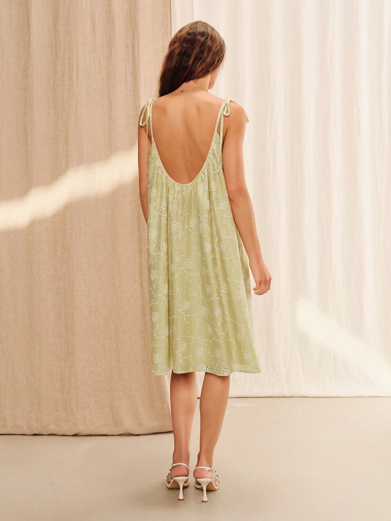 Green Loose Fit Midi Dress In Floral Crepe With Tie Straps Summer Holiday Casual