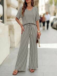 Editum Women's Round Neck Short Sleeve Loose Top Brown Textured Fabric Wide Leg Pants Solid Color Elegant Daily Street Vacation Commute Spring Summer 2pcs Set - Black and White - View 5