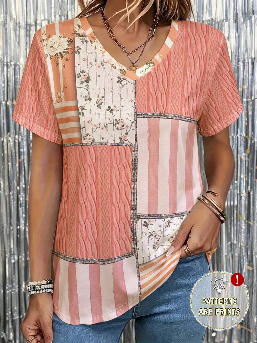 EMERY ROSE Patchwork Design Striped Floral Print Short Sleeve Plus Size T-Shirt - Multicolor - View 1