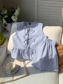 Comfortcana Bộ 2 món áo tank top không tay cổ tròn buộc dây kẻ sọc và quần short cho nữ đi du lịch mùa xuân/hè - Màu xanh lam - Xem 4