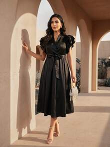 SHEIN Lady Đầm dài xếp ly cổ chữ V màu đen thanh lịch dành cho nữ - màu đen - Xem 4