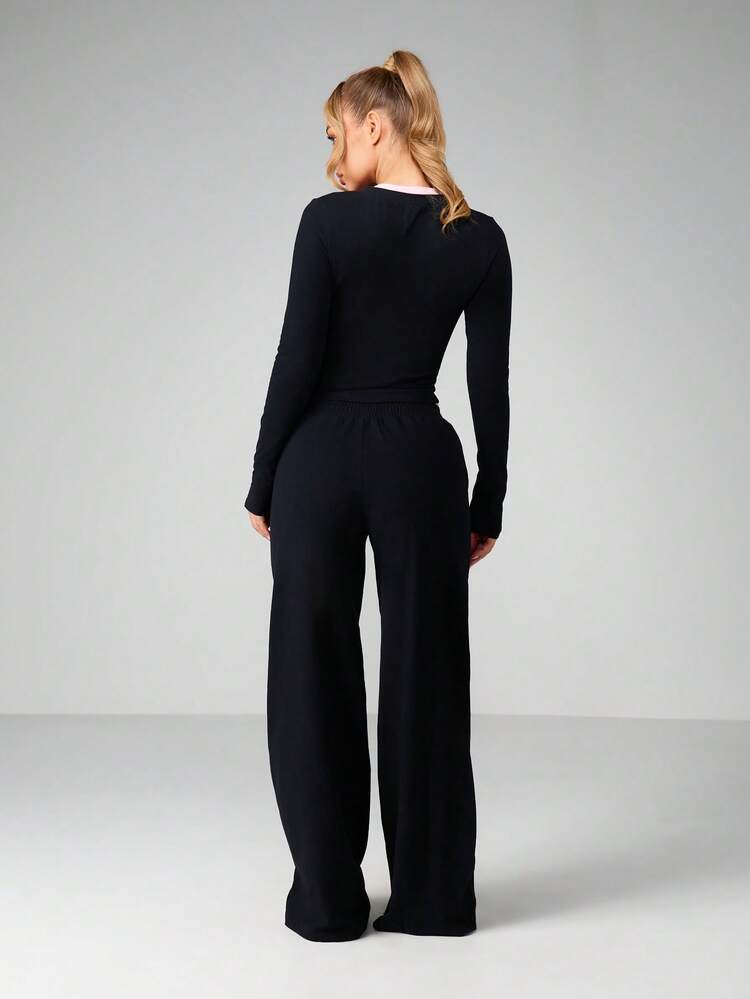 Missguided x Playboy Loungewear Set Long Sleeve Top And Wide Leg Palazzo Pants With Contrast Pink Trim Ribbed Knit