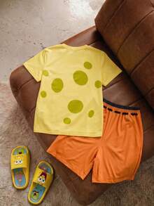 SpongeBob SquarePants | SHEIN 2件組趣味休閒風青少年男孩圓領短袖T恤與短褲舒適居家服套裝聯名款 - 彩色 - 查看 2