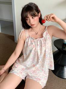 Dazy Plus 卡通印花圖案可愛休閒寬鬆吊帶上衣短版睡褲大尺碼女款春夏季睡衣套裝 - 白色 - 查看 4