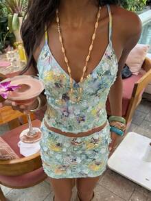 SHEIN Glamour 3D Floral Print Spaghetti Strap Crop Top Mini Skirt Two Piece Set 3D Three-Dimensional Floral Applique Fabric Y2k Boho Summer Vacation Chic - Green - View 4