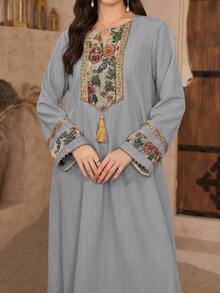 Al Najma Women's Spring/Summer 3D Floral Knit Collar Turkish Long Shirt & Traditional Arabic Long Shirt - Grey - View 1