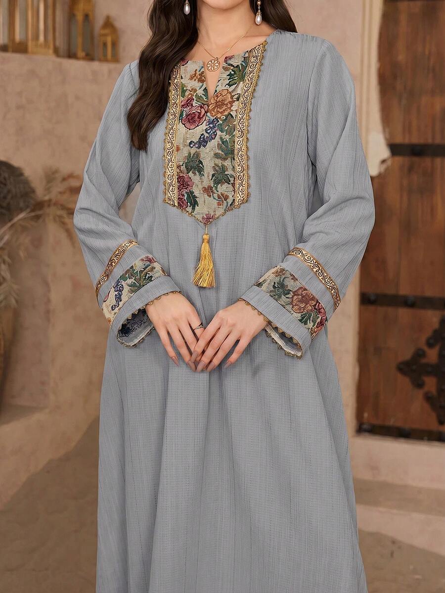 Al Najma Women's Spring/Summer 3D Floral Knit Collar Turkish Long Shirt & Traditional Arabic Long Shirt - Grey - View 1