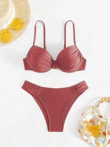 Swim Lushoire 女款黑色性感墊胸鋼圈肩帶抓皺上衣與比基尼泳褲兩件式比基尼套裝，夏季海灘穿搭女裝 - 紅木色 - 查看 8