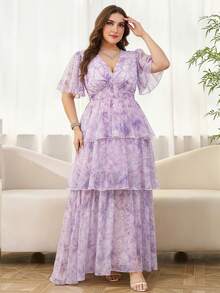 Reflora Plus Size Women Elegant Floral Print Dress - Mauve Purple - View 3