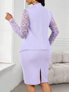 SHEIN Lady 两件套女士纯色薰衣草色蕾丝拼接长袖上衣和半裙套装，秋冬款 - 淡紫色 - 查看 2