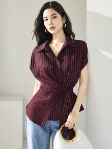 Heiryn 女款夏季優雅通勤條紋前扣收腰襯衫 - 酒紅色 - 查看 5