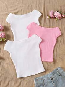 Sparklyn 3pcs Tween Girls' Vacation Tight Off Shoulder Multicolor T-Shirts - Multicolor - View 2