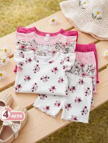 SHEIN Vintaside Kids 8件組/女嬰0-3歲春夏季新品休閒日常外出可愛素色針織不對稱螺紋短袖背心T恤上衣與短褲套裝 - 彩色 - 查看 3