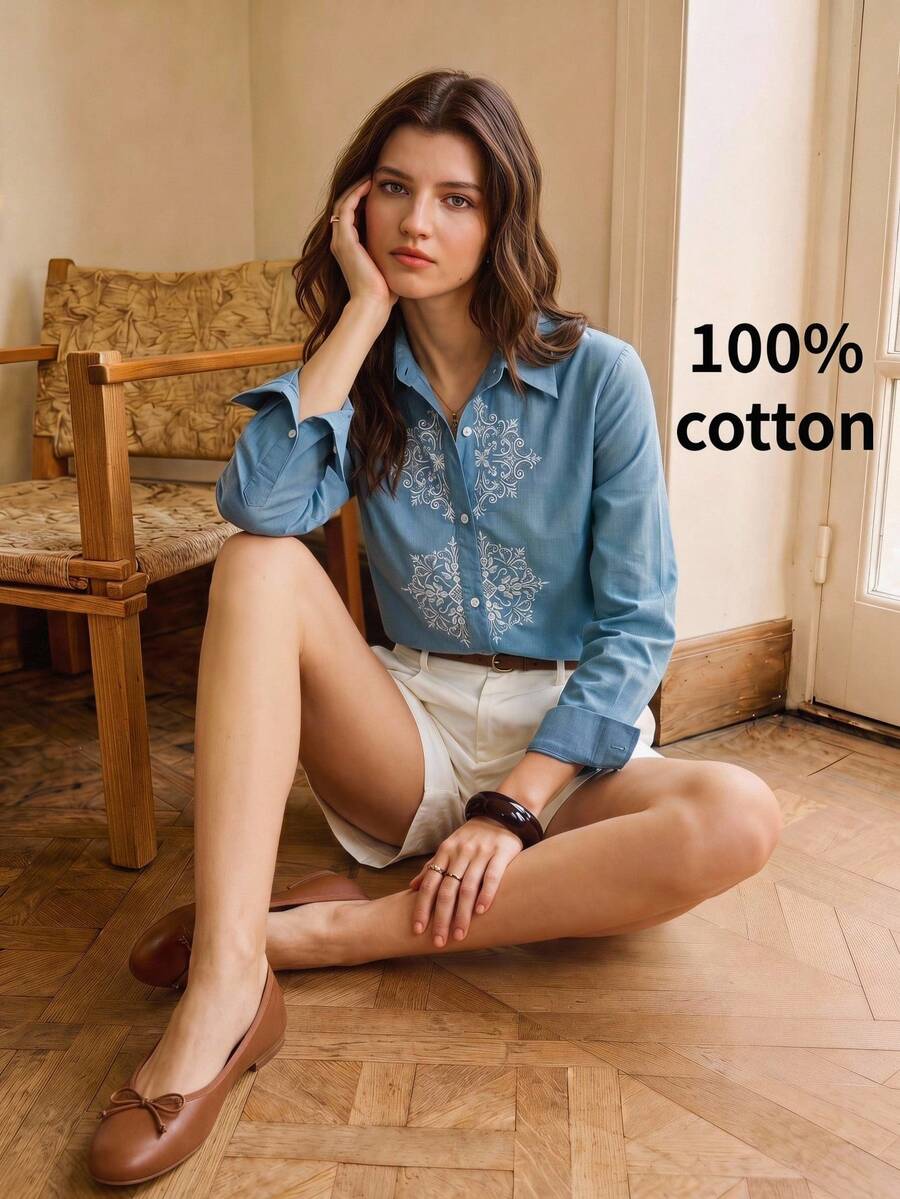 BizChic Áo sơ mi nữ màu xanh có cổ, thêu, mở trước ngực đơn, thanh lịch, thường ngày, đi làm, hẹn hò, Ngày Độc lập, mùa tốt nghiệp, lễ hội âm nhạc, tôn dáng, thanh lịch, đa năng, cao cấp, mùa hè - Màu xanh lam - Xem 1