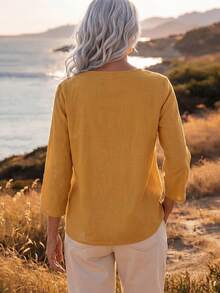 EMERY ROSE Middle-Aged And Elderly Women's Linen Shirt, Ginger Yellow Linen V-Neck 3/4 Sleeve Blouse, Loose Fit Flattering Slimming Top For Moms - Mustard Yellow - View 2