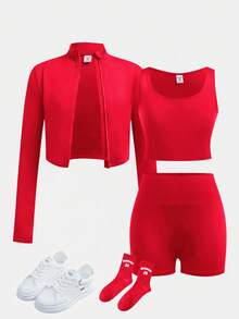 SHEIN 少女純色短版背心上衣、短褲與夾克運動套裝 - 紅色 - 查看 3