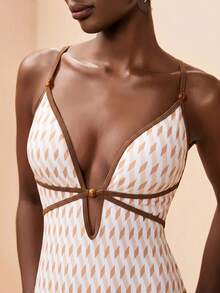 Zivah Women's Geometric Print Beaded Decor Sexy Camisole One-Piece Swimsuit, Cruise Travel Beach Seaside - Apricot - View 5