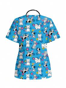 PopScrub Casual Minimalist Uniform Top With Puppy And Floral Print Pattern, Suitable For Pet Hospitals And Children's Hospitals - Multicolor - View 2